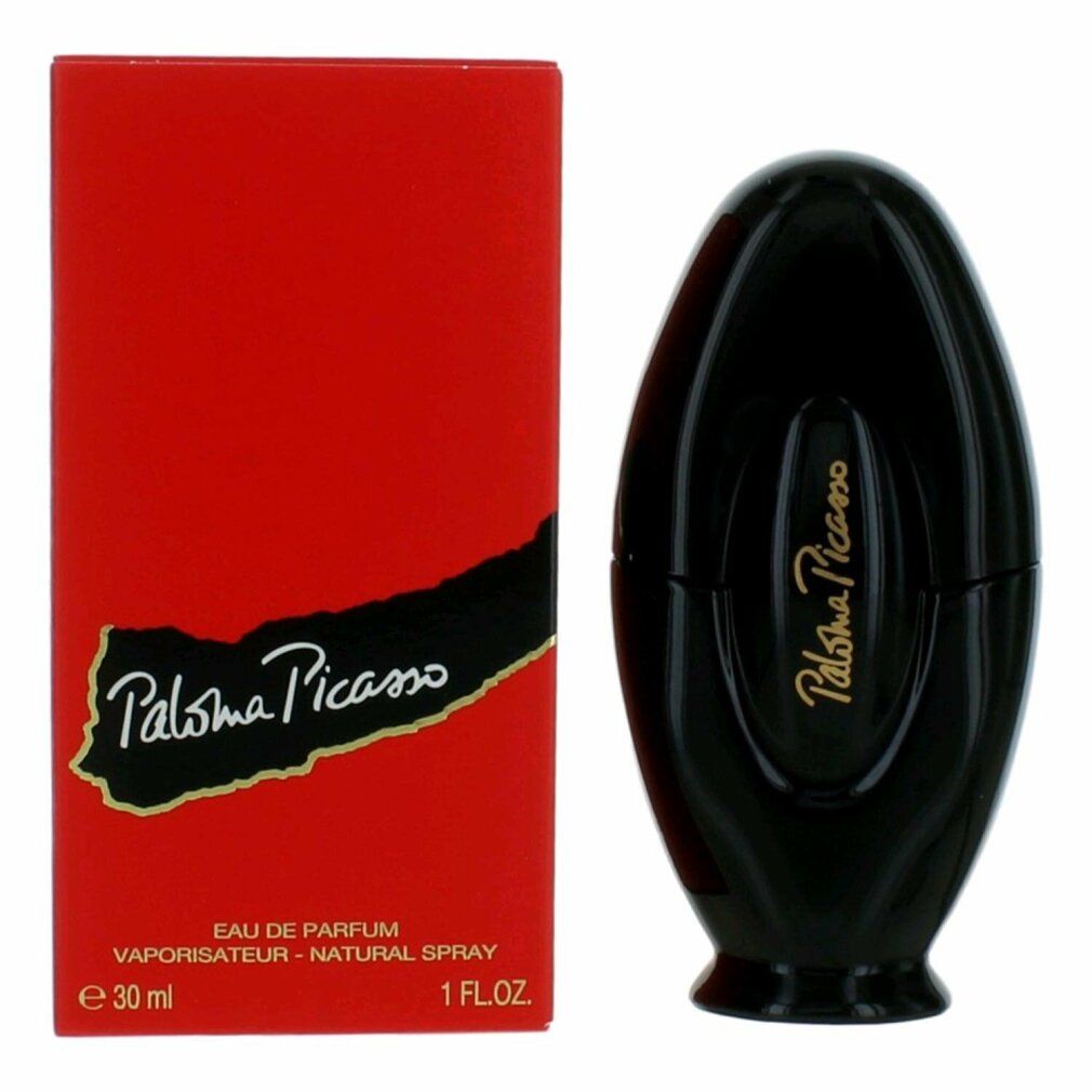 Scatola rossa e flacone nero. Scritta Paloma Picasso. Flacone a forma di goccia. Testo: Eau de Parfum, 30 ml.