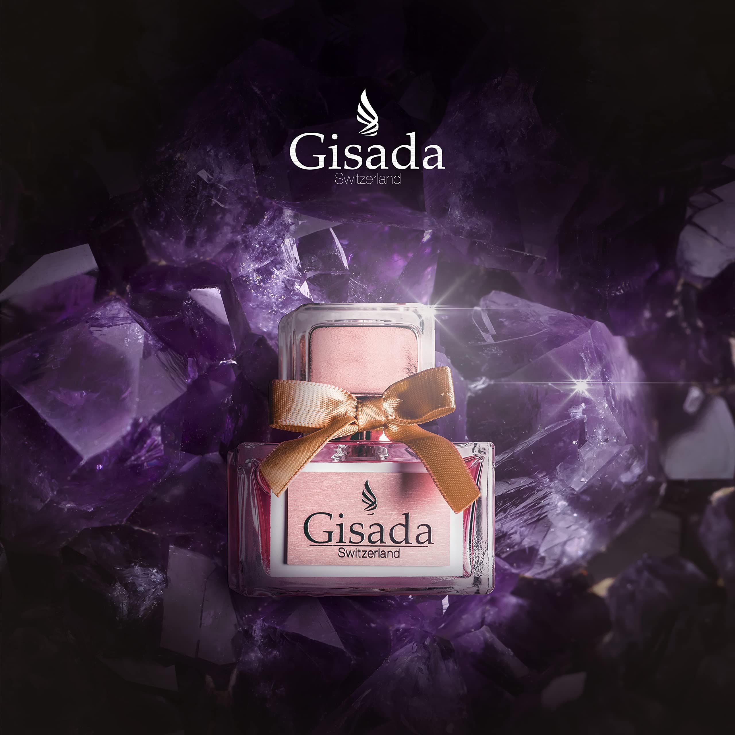 Flacone Gisada Donna Edt Spray su ametiste. Dettagli dorati. Nome del prodotto e marchio visibili.