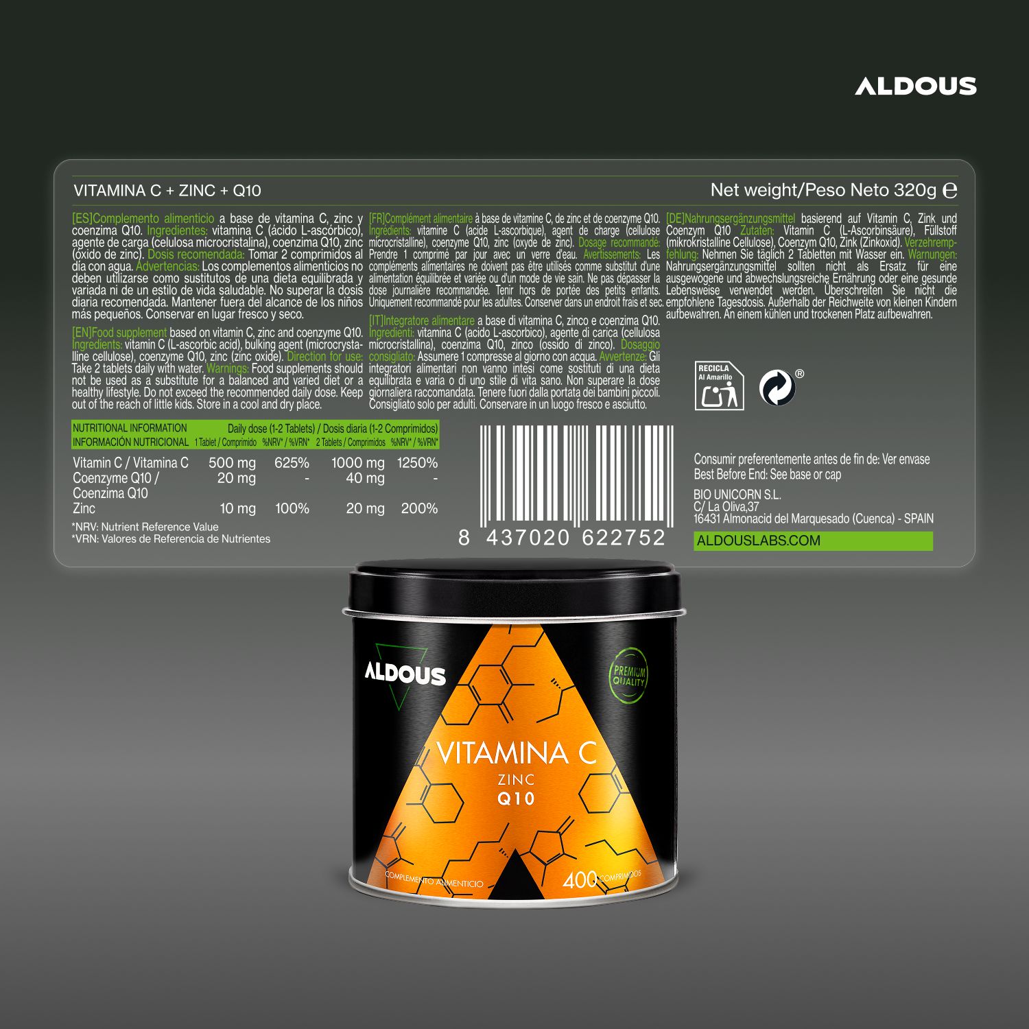 Aldous - Vitamina C con Zinco, Q10 - Difese Immunitarie, Stanchezza