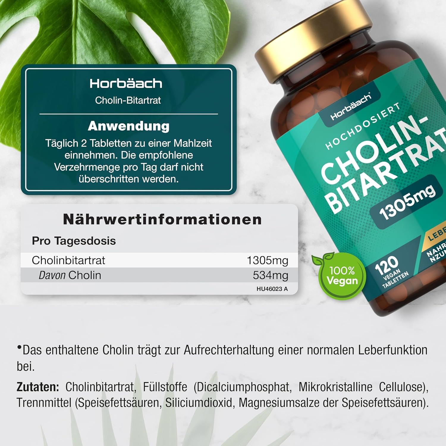 Flacone marrone con testo verde. Compresse di colina bitartrato. 120 compresse, 1305mg. Vegano. Informazioni nutrizionali.