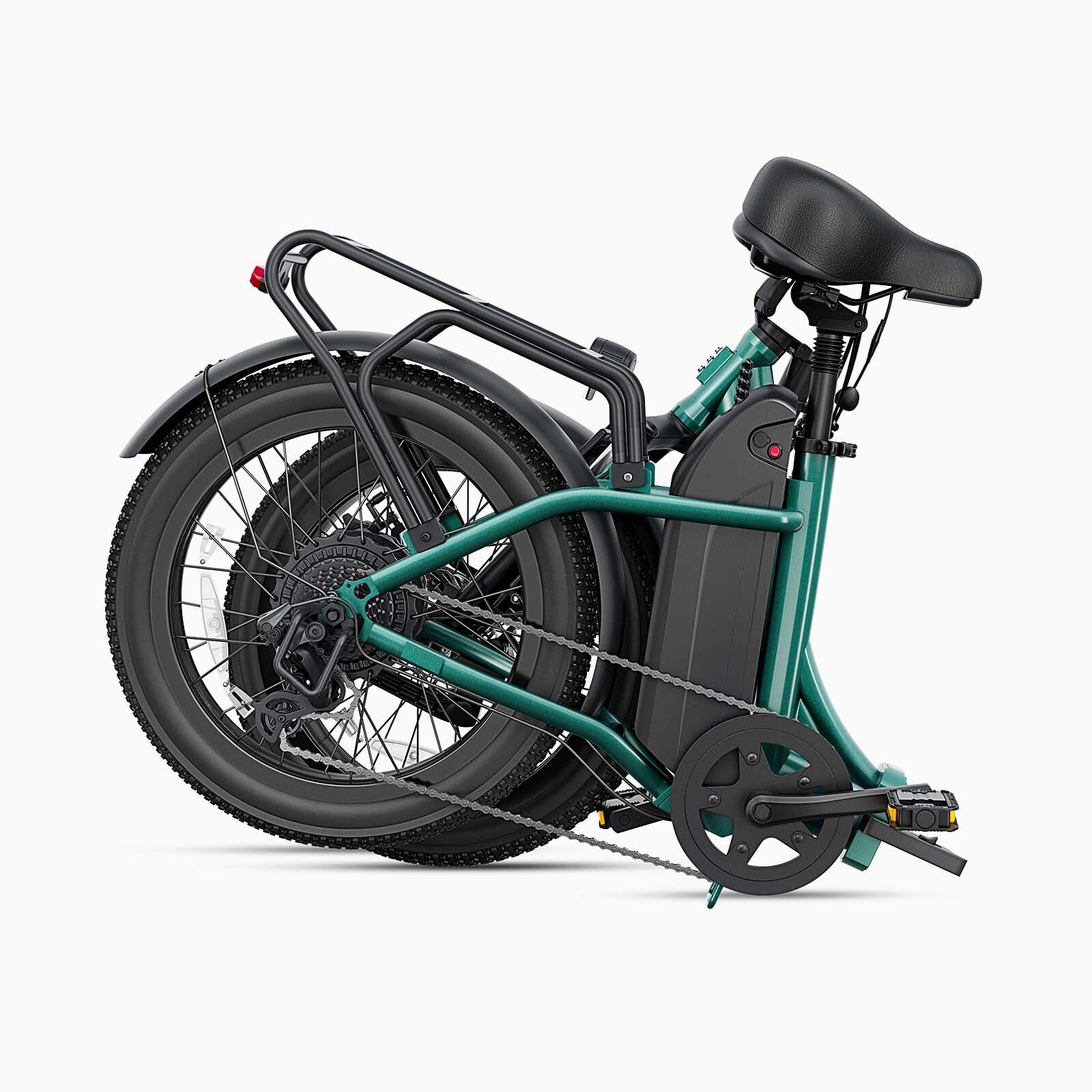 Bicicletta elettrica DYU C9 verde piegata. Pneumatici e sella neri. Batteria visibile.