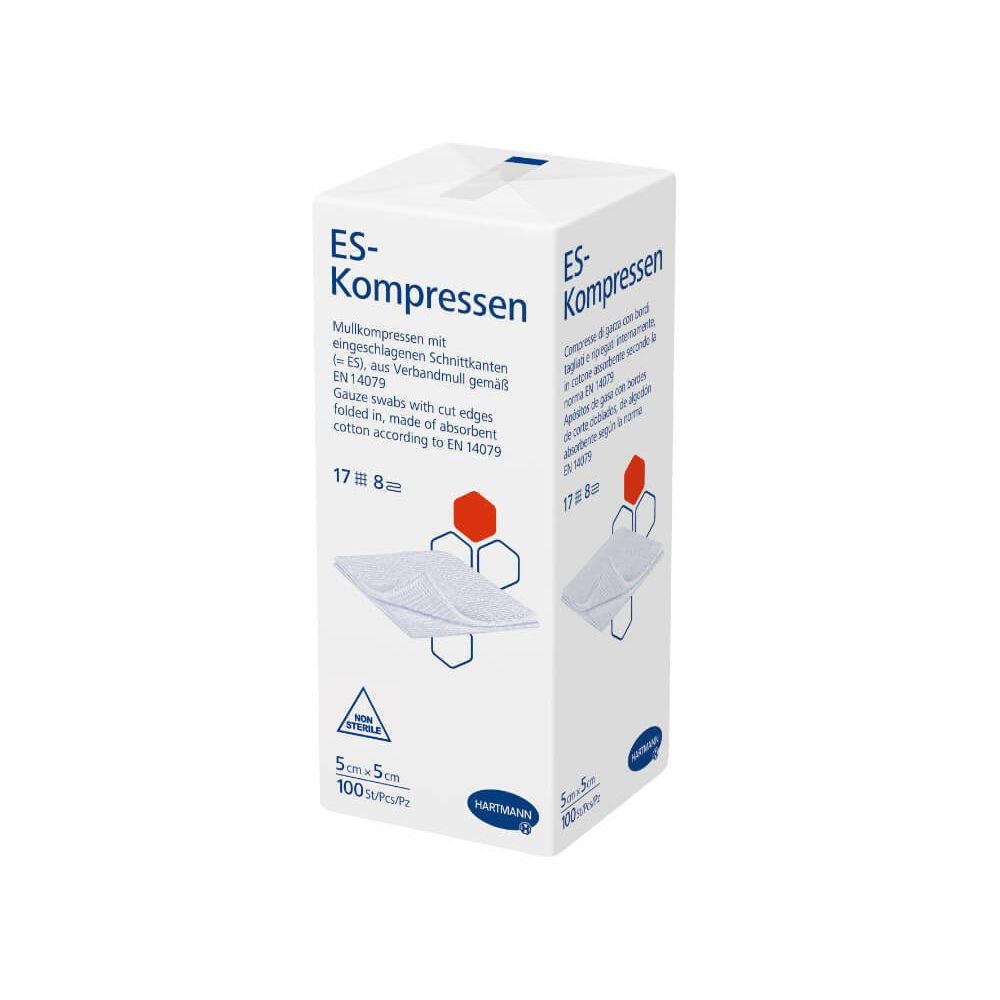 Confezione di ES-Kompressen. Scritte: nome prodotto, descrizione, dimensioni, quantità, logo produttore. Garze di cotone.