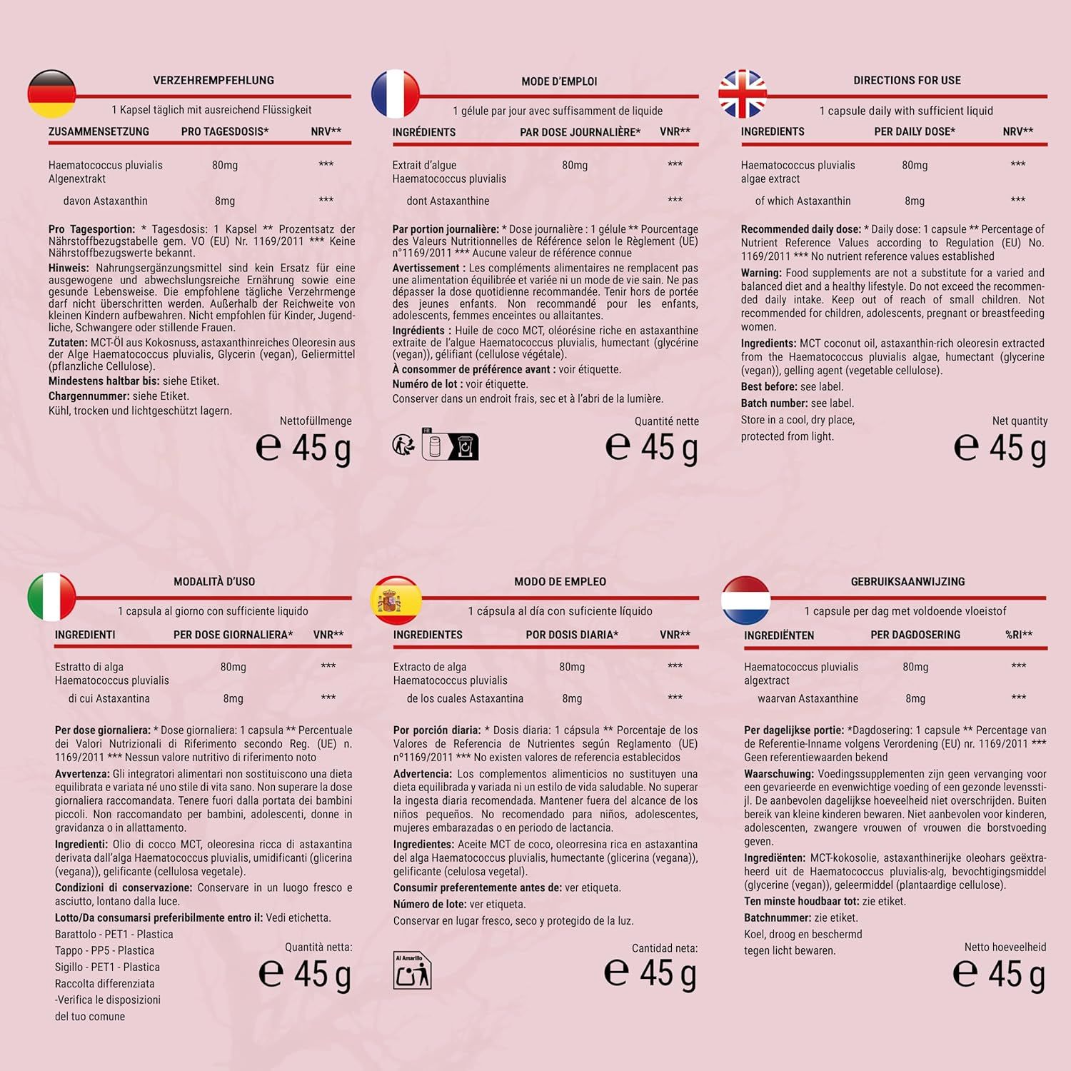 Etichette multilingue con informazioni sull'astaxantina. 45g. Ingredienti, uso, dosaggio.