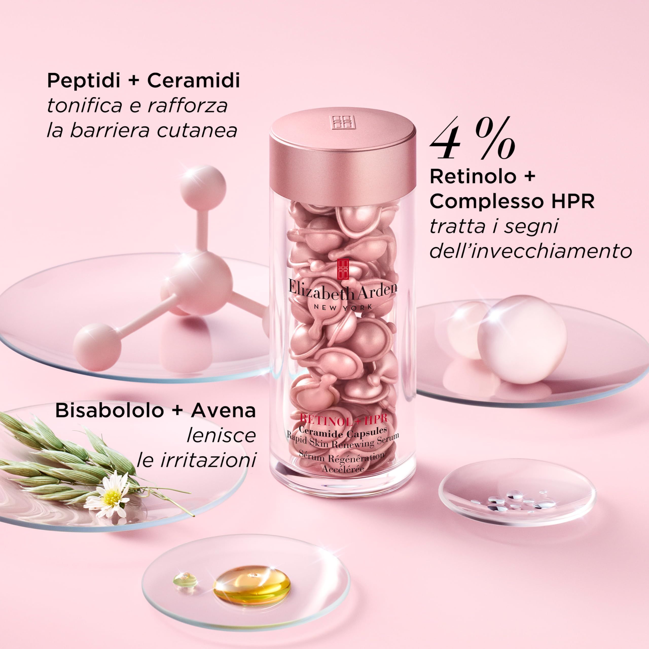 Contenitore di capsule rosa, circondato da elementi. Testo: 4% Retinolo + Complesso HPR. Elizabeth Arden. Peptidi + Ceramide, Bisabololo + Avena.