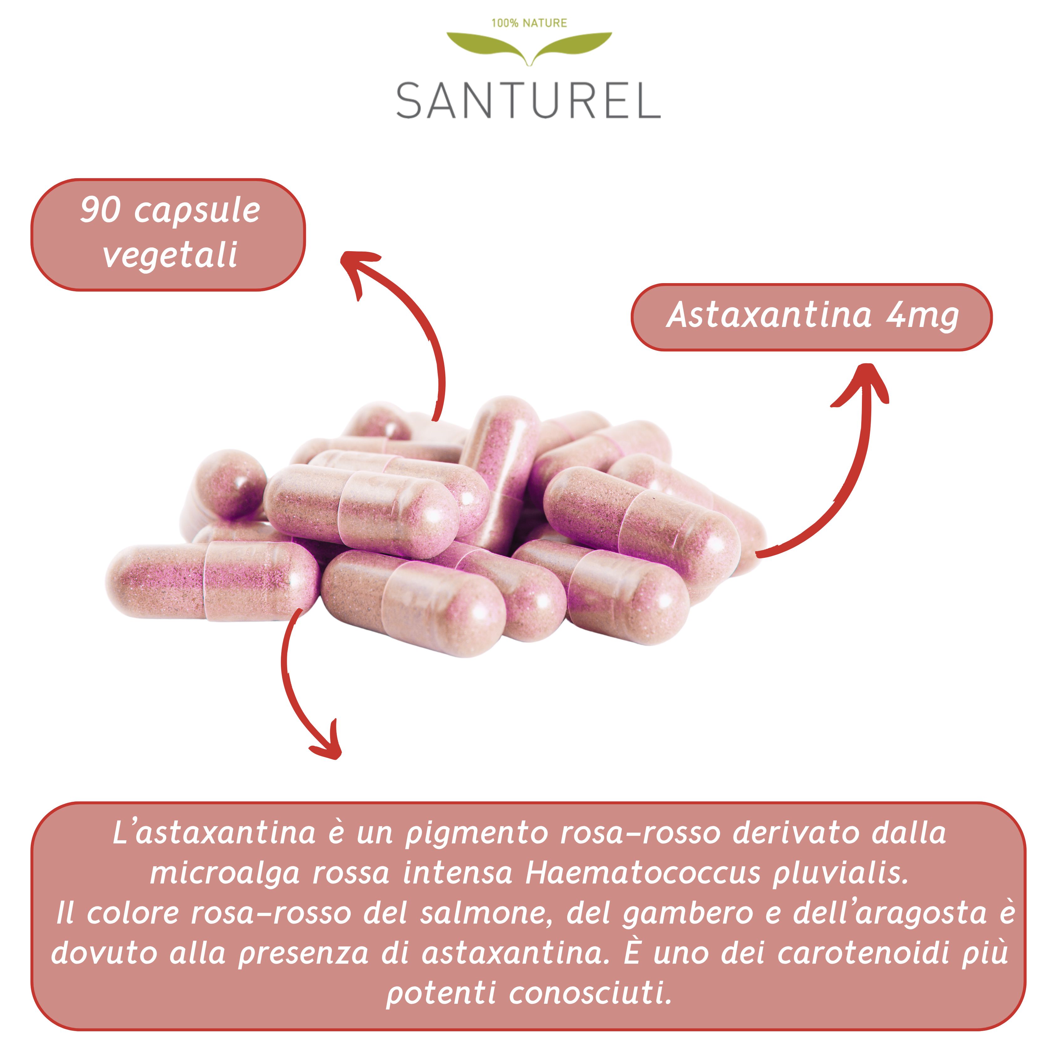 Mucchio di capsule rosa. Testo: 90 capsule vegetali, Astaxantina 4mg. Descrizione.
