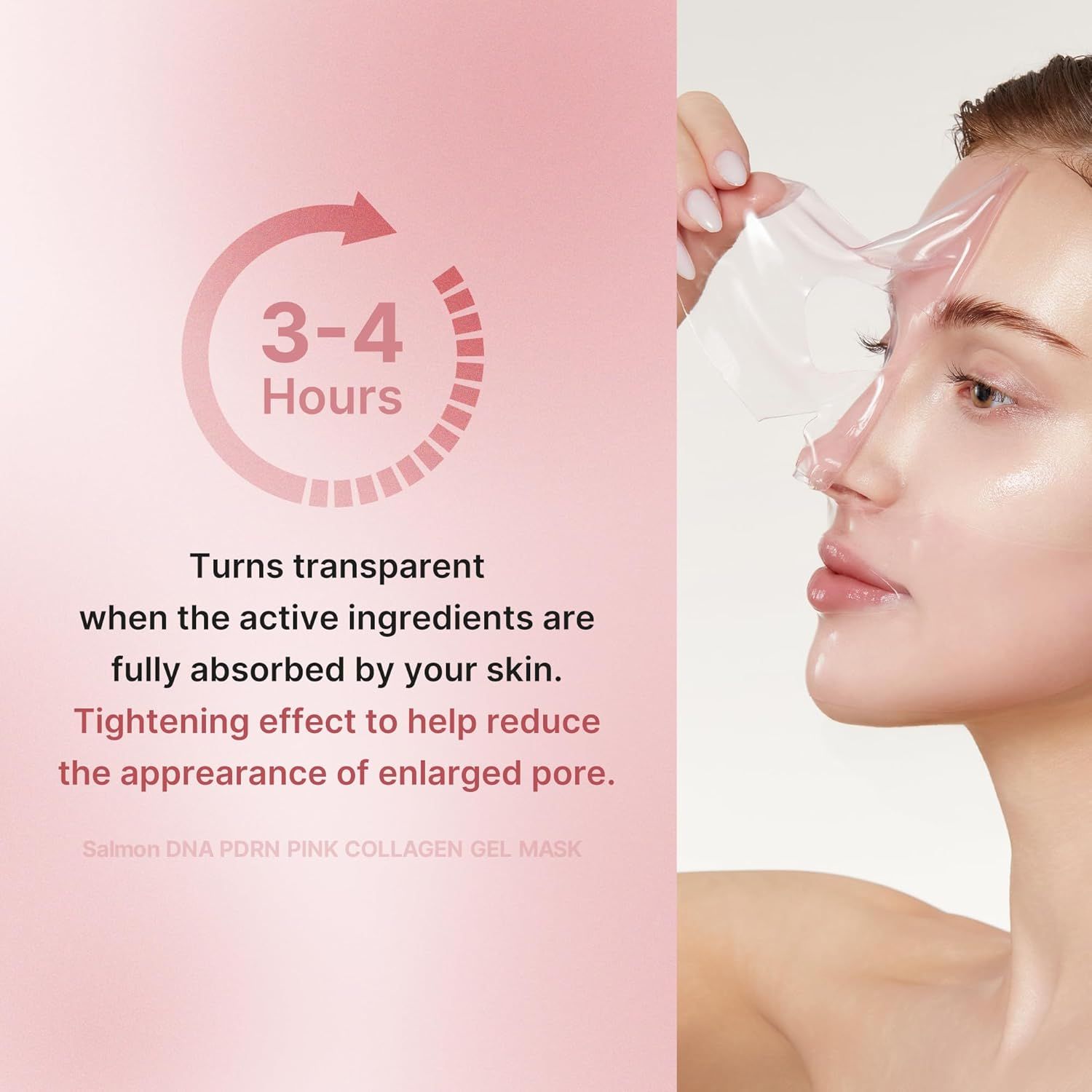 Donna tiene maschera trasparente. Testo: Diventa trasparente quando gli ingredienti sono assorbiti. Effetto rassodante per ridurre i pori.