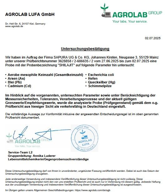 Rapporto di laboratorio AGROLAB LUFA GmbH. Risultati delle analisi per SHILAJIT. Elenco dei parametri e dei limiti analizzati.