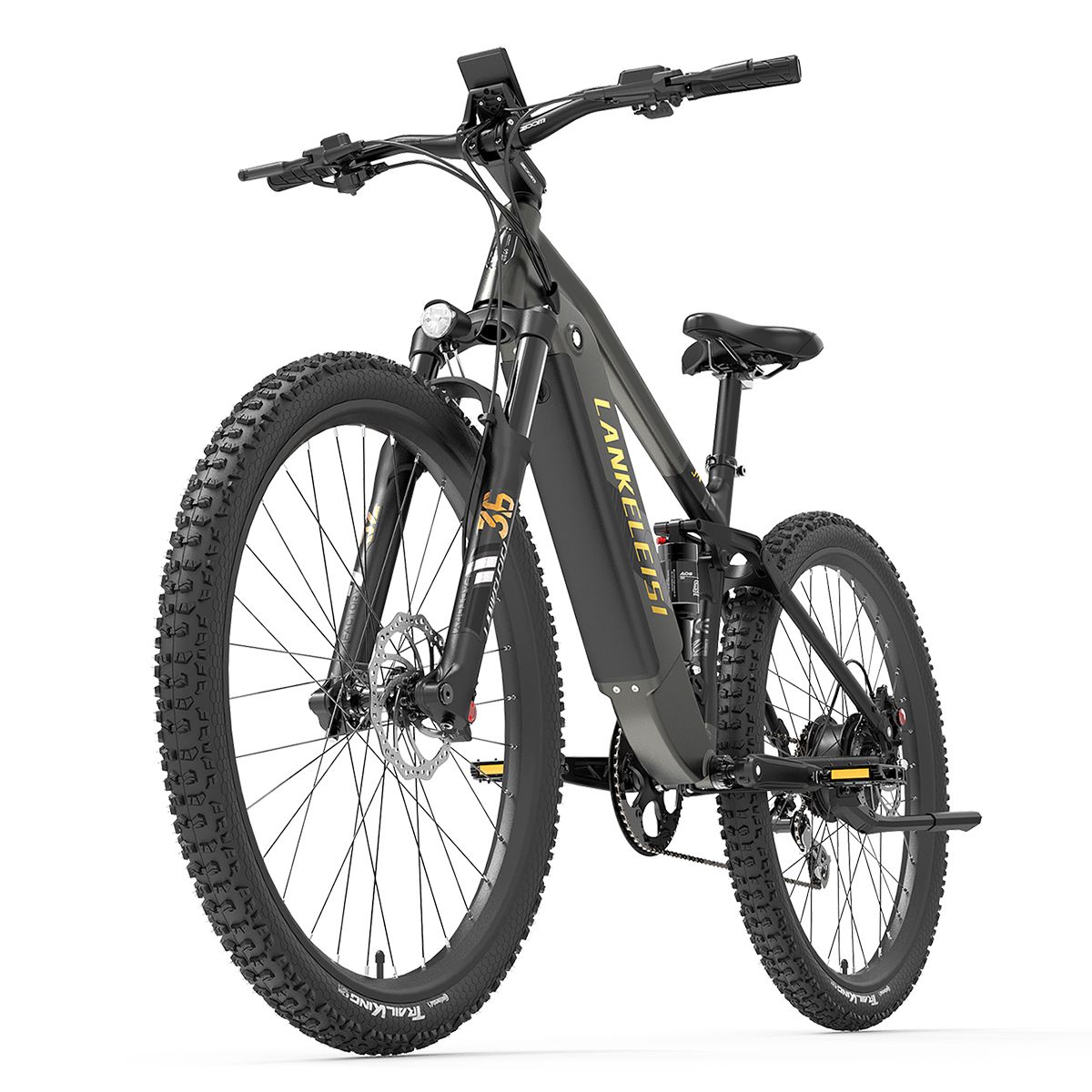 E-bike grigia LANKELEISI RX600 Pro. Pneumatici, sella e manubrio neri. Scritta gialla sul telaio.