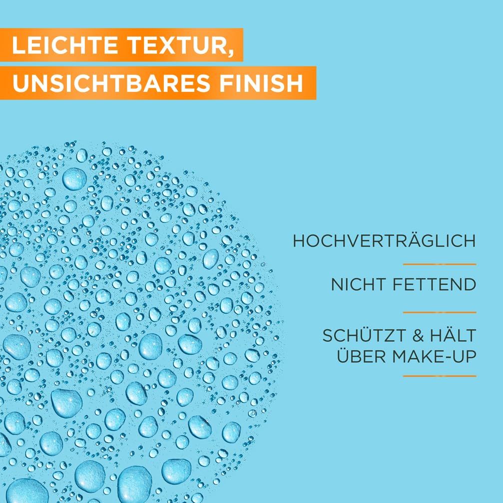 Sfondo di gocce d'acqua. Testo: Texture leggera, finitura invisibile. Alta tollerabilità, non grasso, protegge sul trucco.