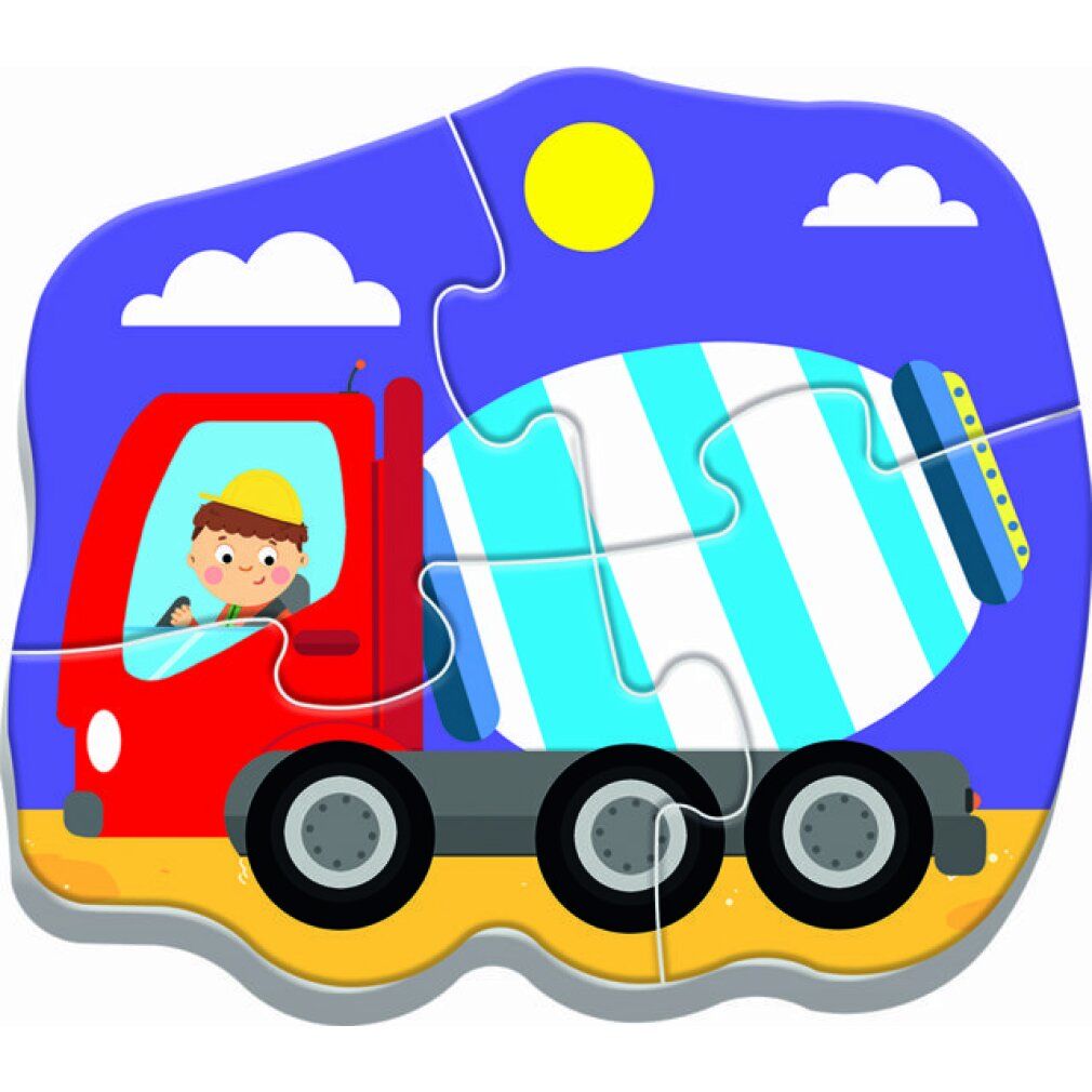 Puzzle con betoniera. Camion rosso con betoniera blu e bianca. Cielo con nuvole e sole. 4 pezzi.