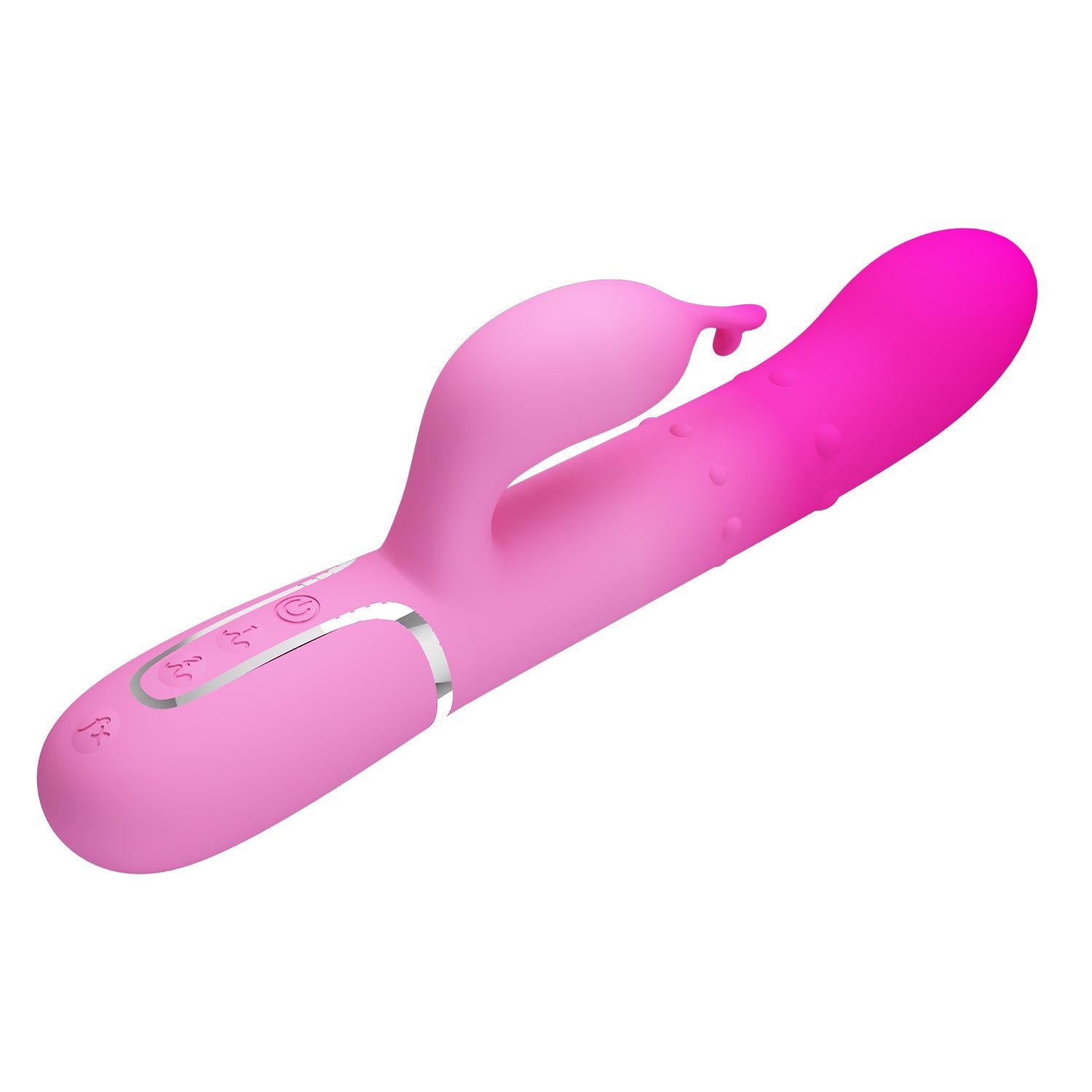 Vibratore rosa con design a coniglio. Il corpo è rosa, la testa e le orecchie sono fucsia. Pulsanti e linea argentata visibili.