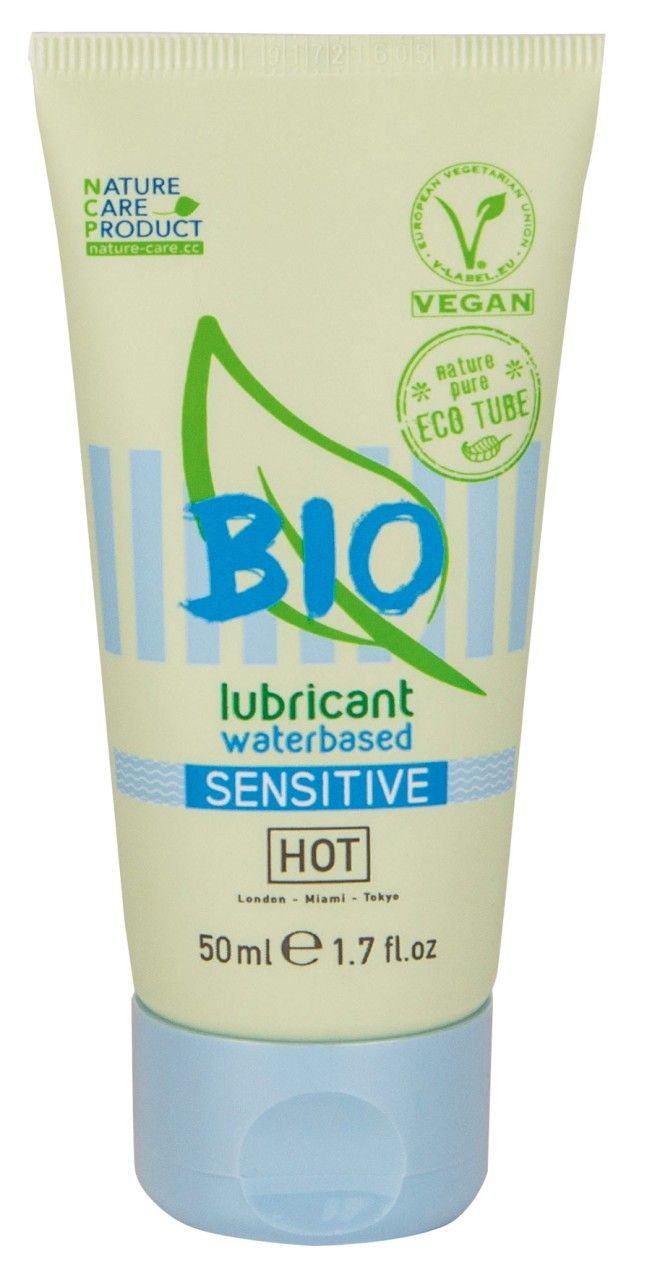 Lubrificante BIO SENSITIVE HOT, a base d'acqua, tubo da 50ml. Sigilli 'Nature Care Product' e 'Vegan'.