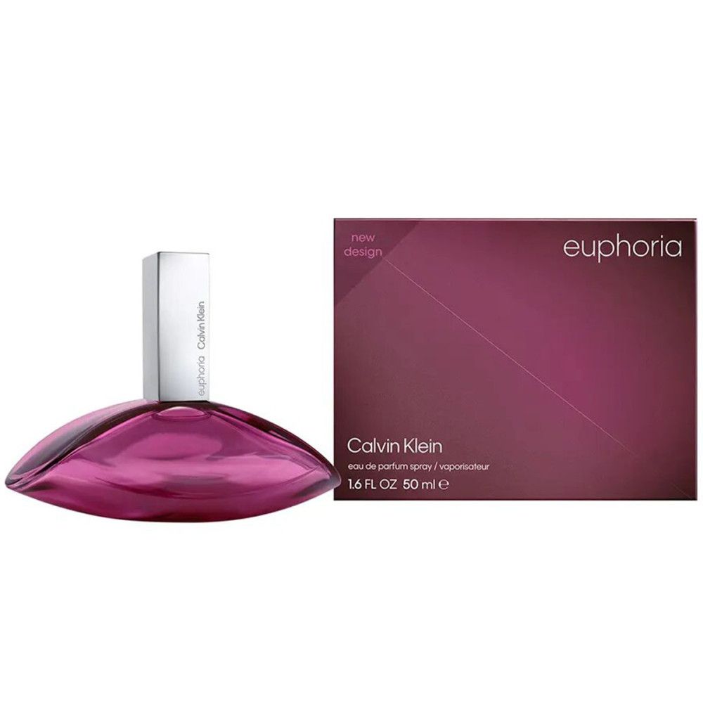 Flacone e confezione di Calvin Klein Euphoria. Flacone a goccia, tappo argentato. Confezione viola con logo del marchio.