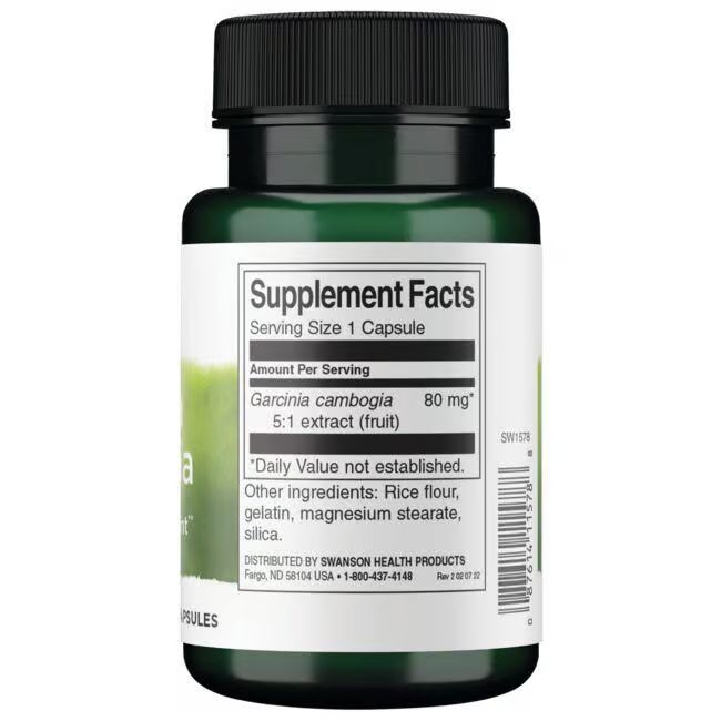 Retro del flacone. Scritta: Supplement Facts, Garcinia cambogia 80 mg, ingredienti.