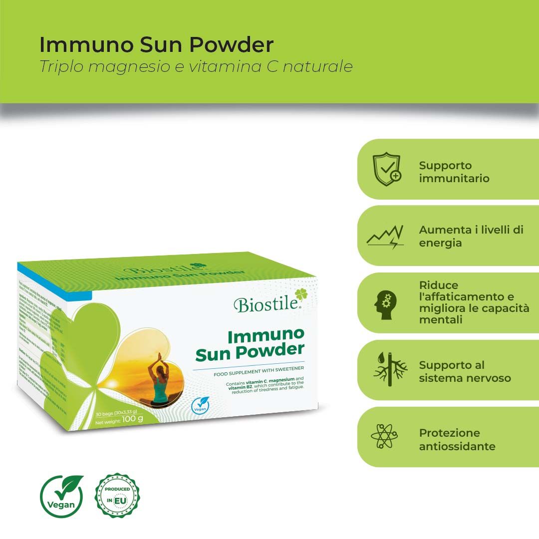 Confezione Biostile Immuno Sun Powder. Testo: Triplo magnesio e vitamina C naturale. Vantaggi: immunità, energia, affaticamento.