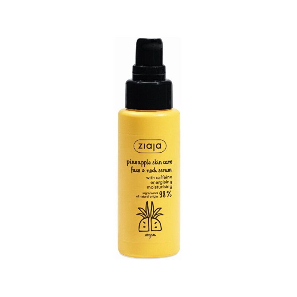 Flacone giallo con erogatore nero. Contiene siero alla pineapple per viso e collo con caffeina.