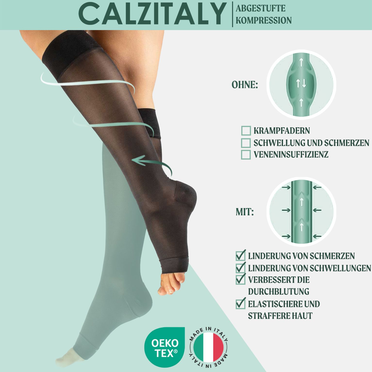 Calze al ginocchio nere, aperte. Compressione 70 DEN. Benefici: sollievo dolore, riduzione gonfiore. Made in Italy.