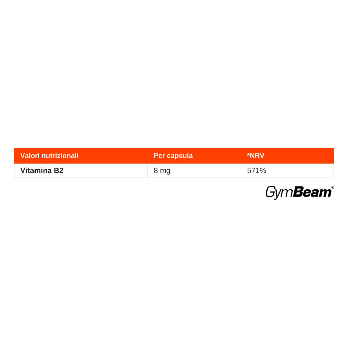 Tabella nutrizionale per Vitamina B2 (8 mg per capsula, 571% VNR). Logo GymBeam.