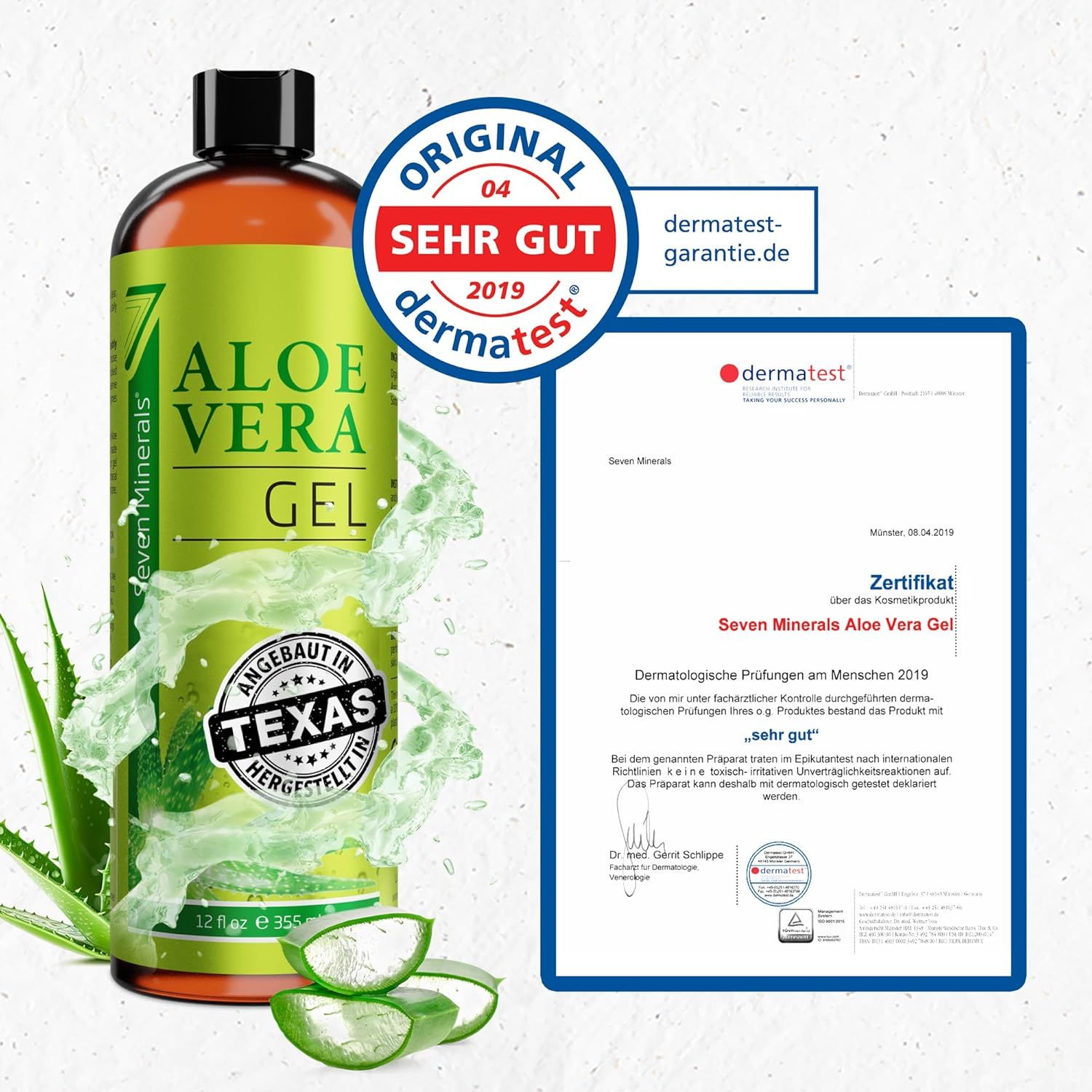 Flacone di gel di aloe vera con sigillo Dermtest. Certificato e foglie di aloe vera. Testo: Prodotto in Texas. Dermatest.