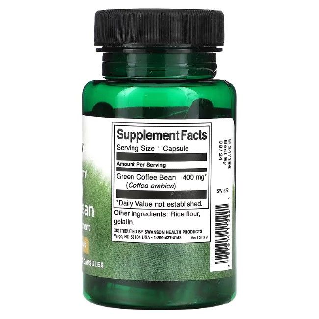 Retro del flacone verde di capsule. Scritta: Supplement Facts, Green Coffee Bean 400 mg, ingredienti. Prodotto da Swanson.