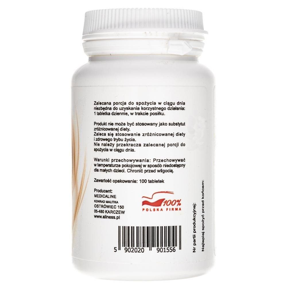 Retro di un barattolo bianco di pillole con informazioni sulla dose consigliata e conservazione. "100 compresse".