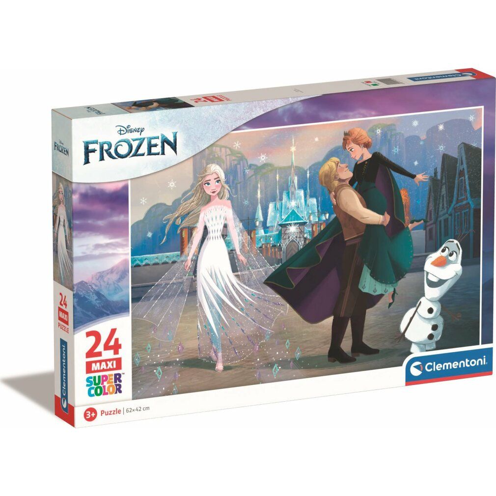 Scatola puzzle Frozen. Contiene 24 maxi pezzi. Marchio: Clementoni. Età consigliata: 3+. La confezione mostra Elsa, Anna, Kristoff e Olaf.