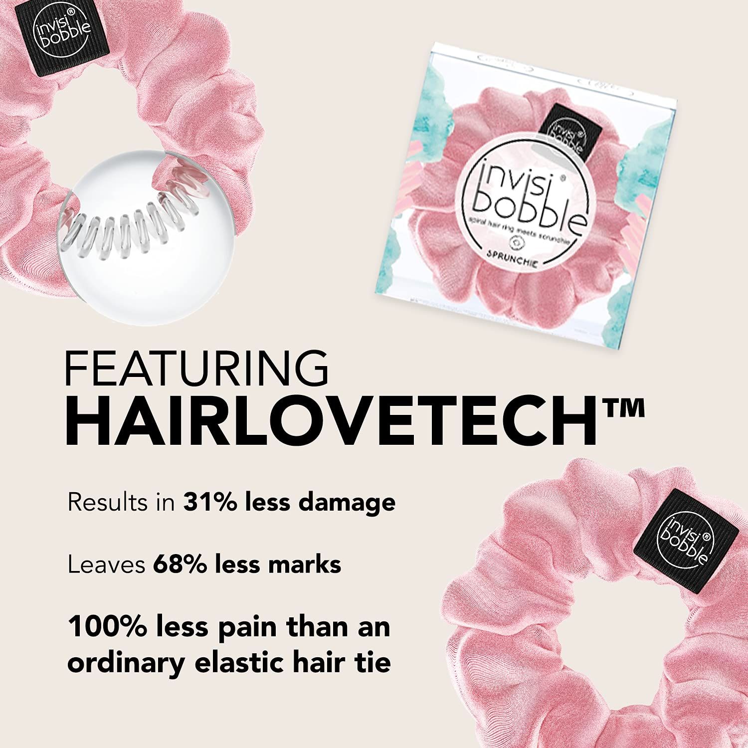 Scrunchies rosa e confezione. Etichetta nera con logo. Testo: "FEATURING HAIRLOVETECH™".