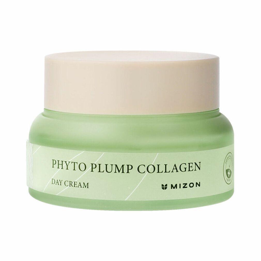 Vasetto di crema verde con coperchio beige. Scritta: Phyto Plump Collagen Day Cream. Marchio: Mizon.