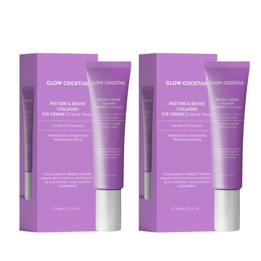 Due scatole viola con tubetti di crema per gli occhi. Scritta: Glow Cocktail, Restore & Revive Collagen Eye Cream. Contiene 15ml.