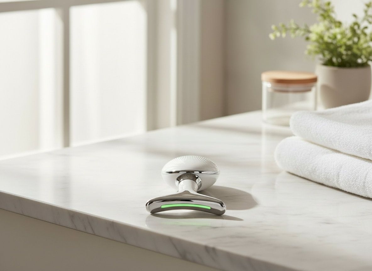 Dispositivo bianco ergonomico per il viso. Posizionato su una superficie di marmo. Effetti luce verdi.