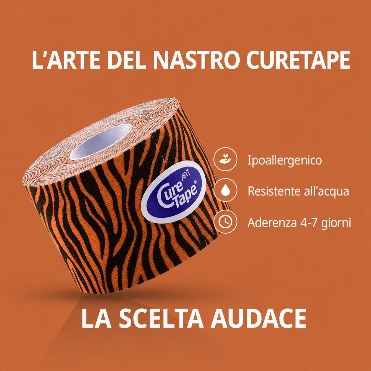 Rotolo di kinesiotape CureTape con motivo tigrato. Ipoallergenico, resistente all'acqua, adesione 4-7 giorni.