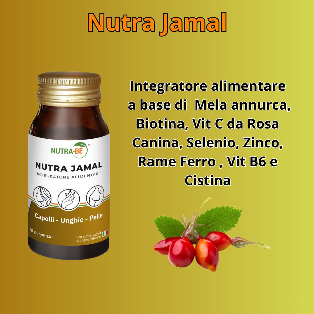 Flacone Nutra Jamal accanto a bacche di rosa canina. Il testo elenca ingredienti come biotina, zinco, ferro.