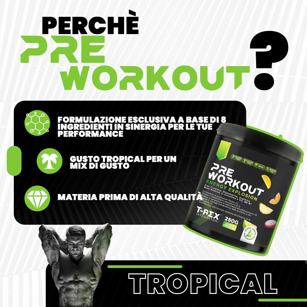 Immagine promozionale. Barattolo nero 'Pre Workout' con frutta tropicale. Testo: 'Perché Pre Workout?'. Prodotto e testo verdi.