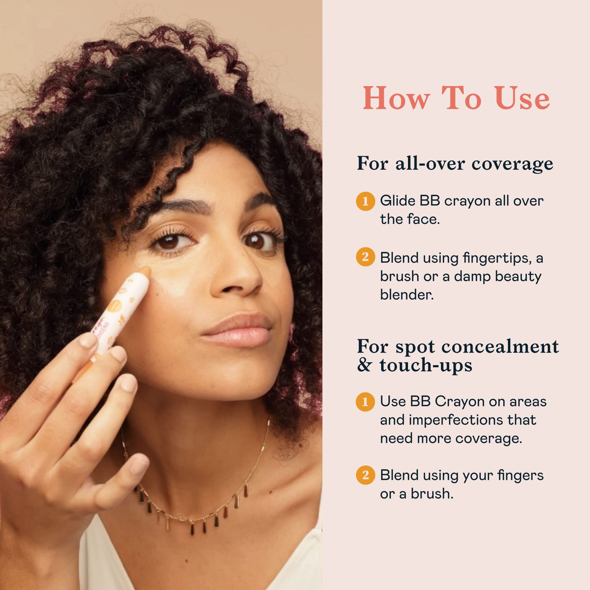 Donna con BB Crayon sull'occhio. Testo: Come usare. Per copertura totale, per ritocchi. Sfumare con dita, pennello o spugna.