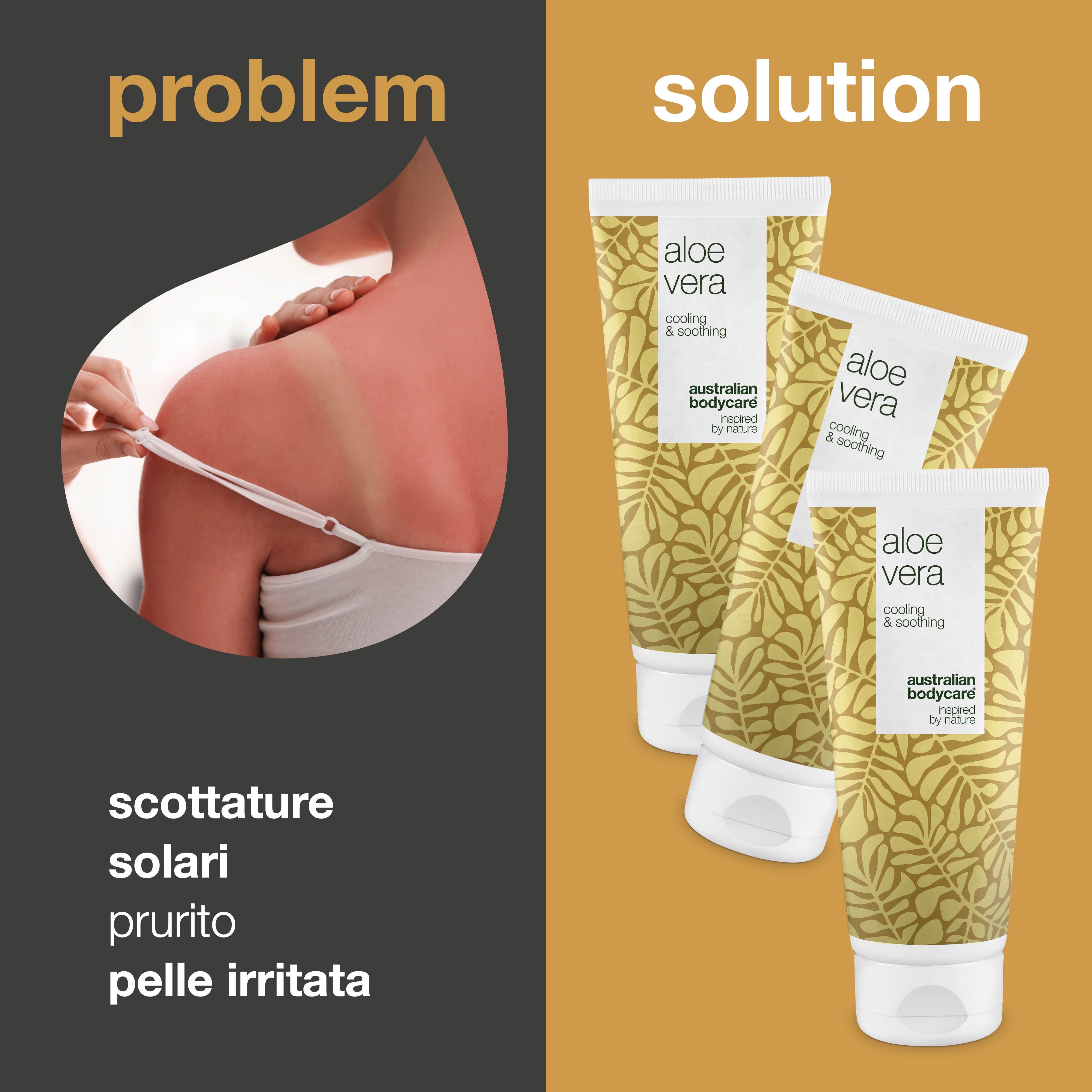 Confronto: scottature, prurito, pelle secca, irritata. Soluzione: gel Aloe Vera. Australian Bodycare.