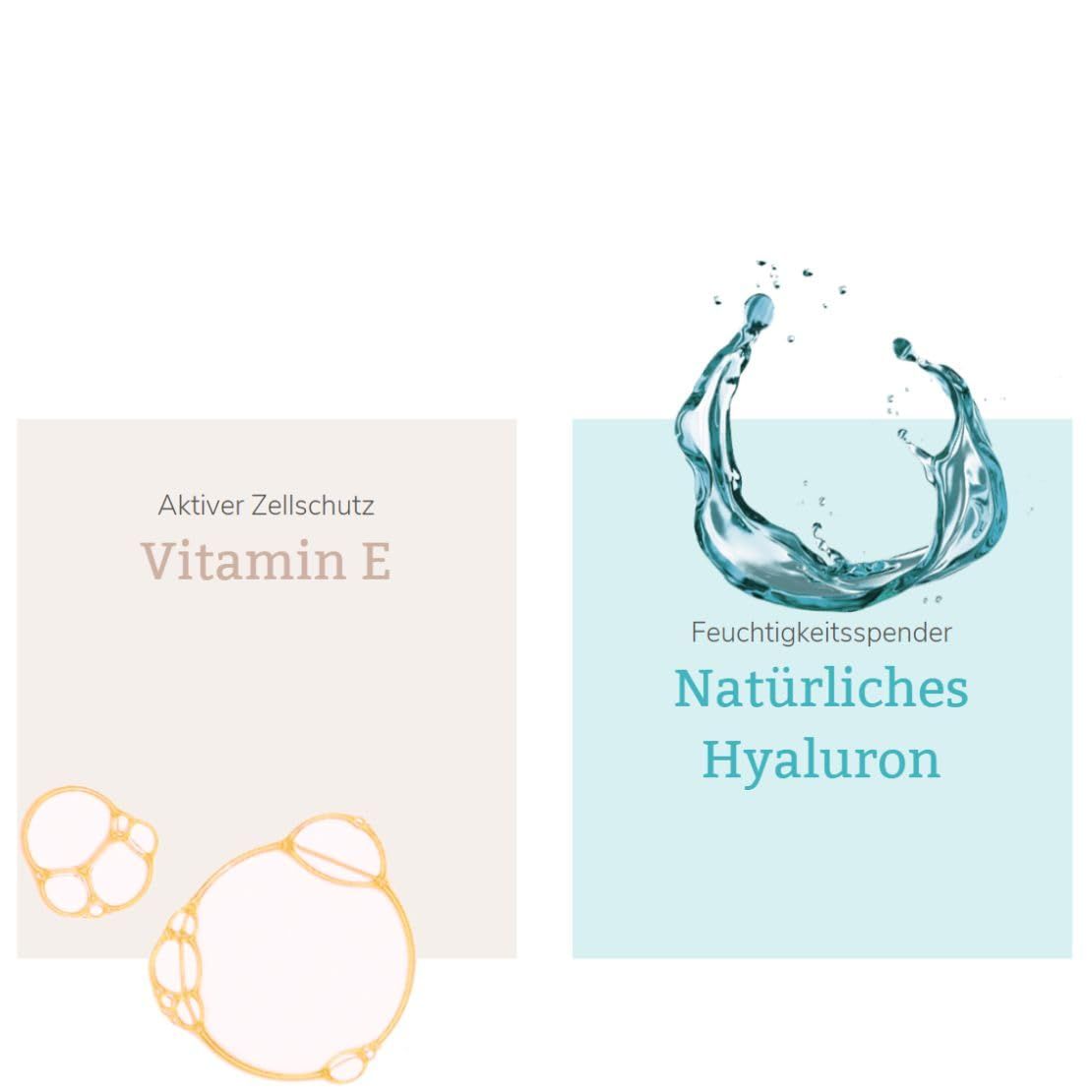 Due riquadri di testo. Testo: Vitamina E, Ialuronico. Illustrazioni acqua e bolle.