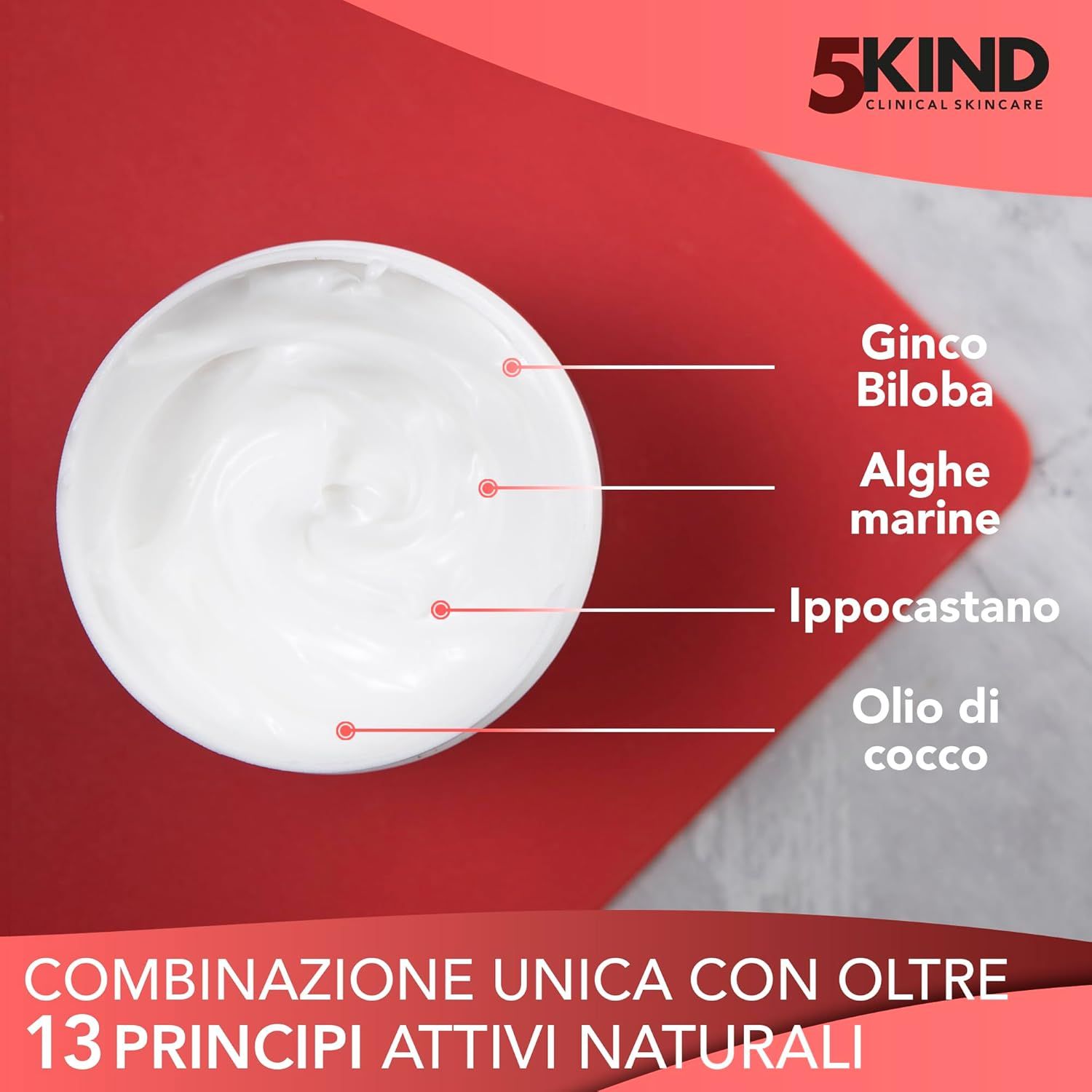 Prodotto bianco su sfondo rosso. Scritta: ingredienti, tra cui Ginkgo Biloba, alghe, ippocastano.