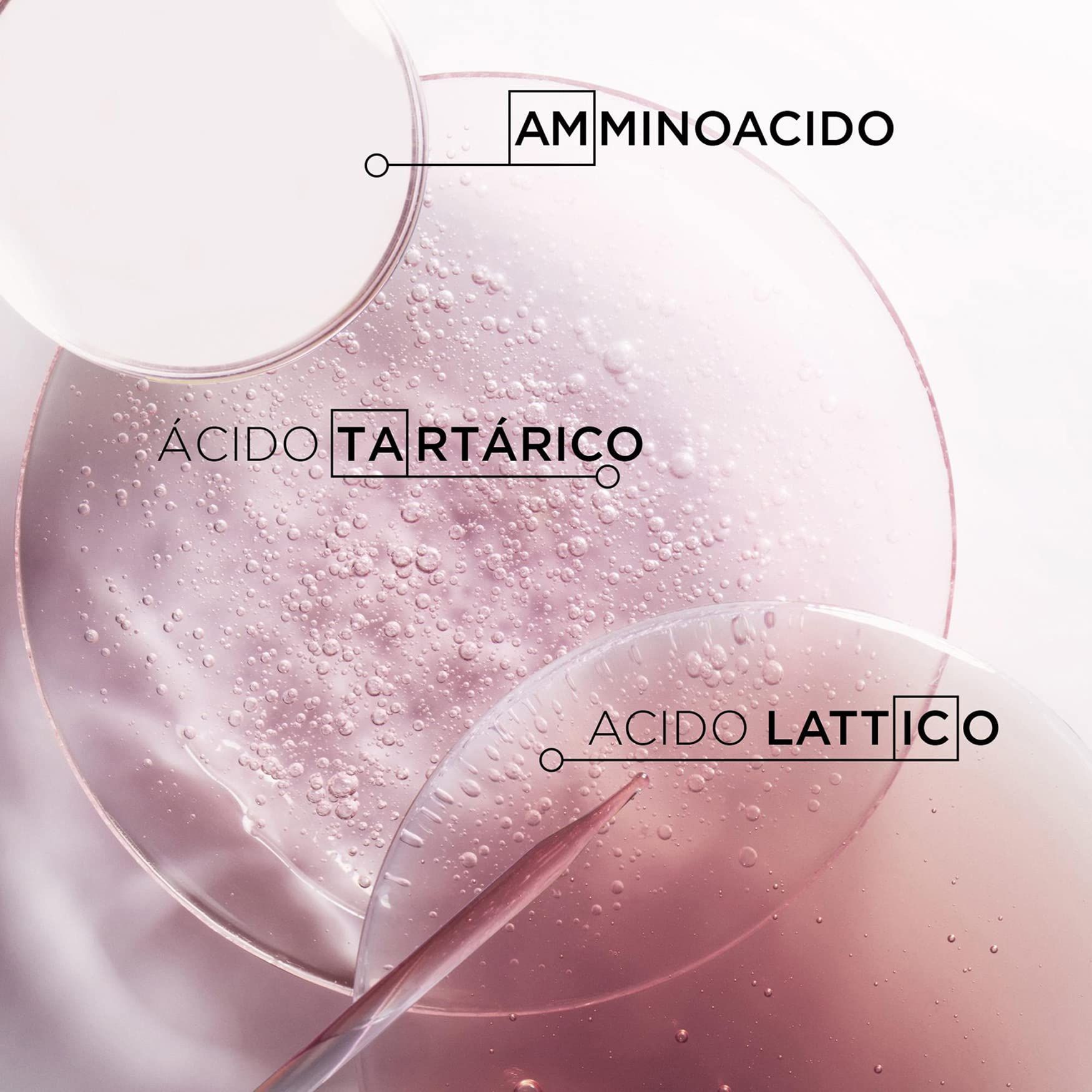 Primo piano di liquidi con etichette: Aminoacido, Acido tartarico, Acido lattico.