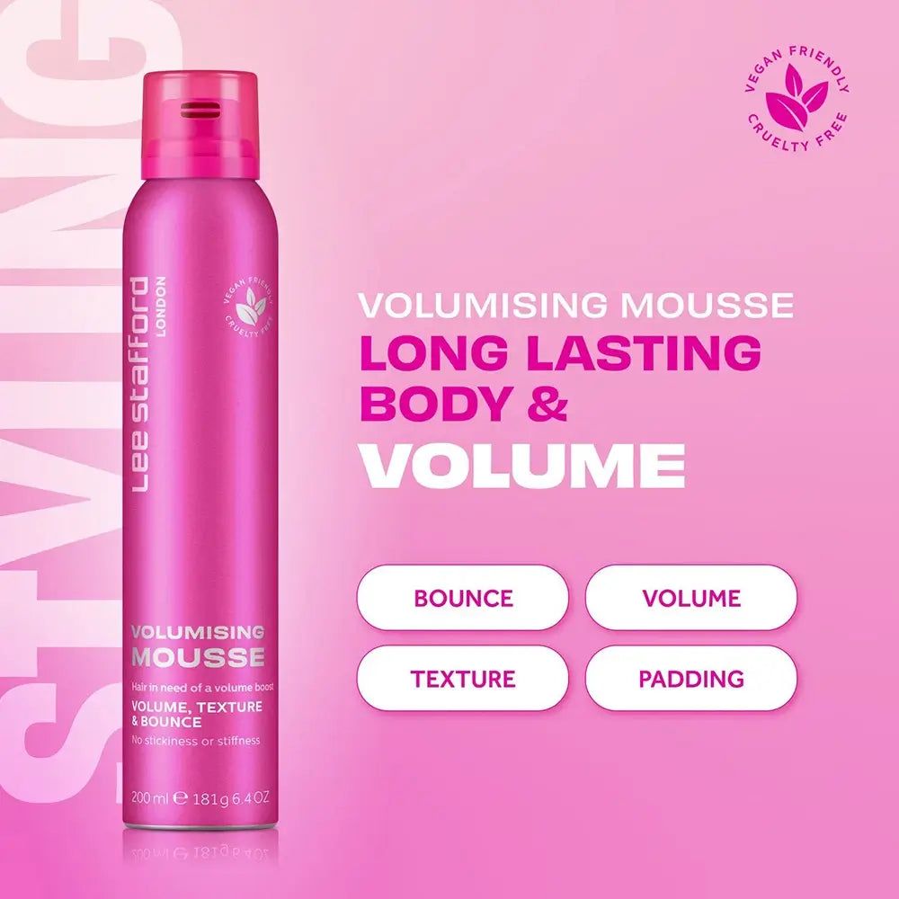 Latta rosa di Lee Stafford Volumising Mousse accanto a testo che evidenzia 'Long Lasting Body & Volume'.