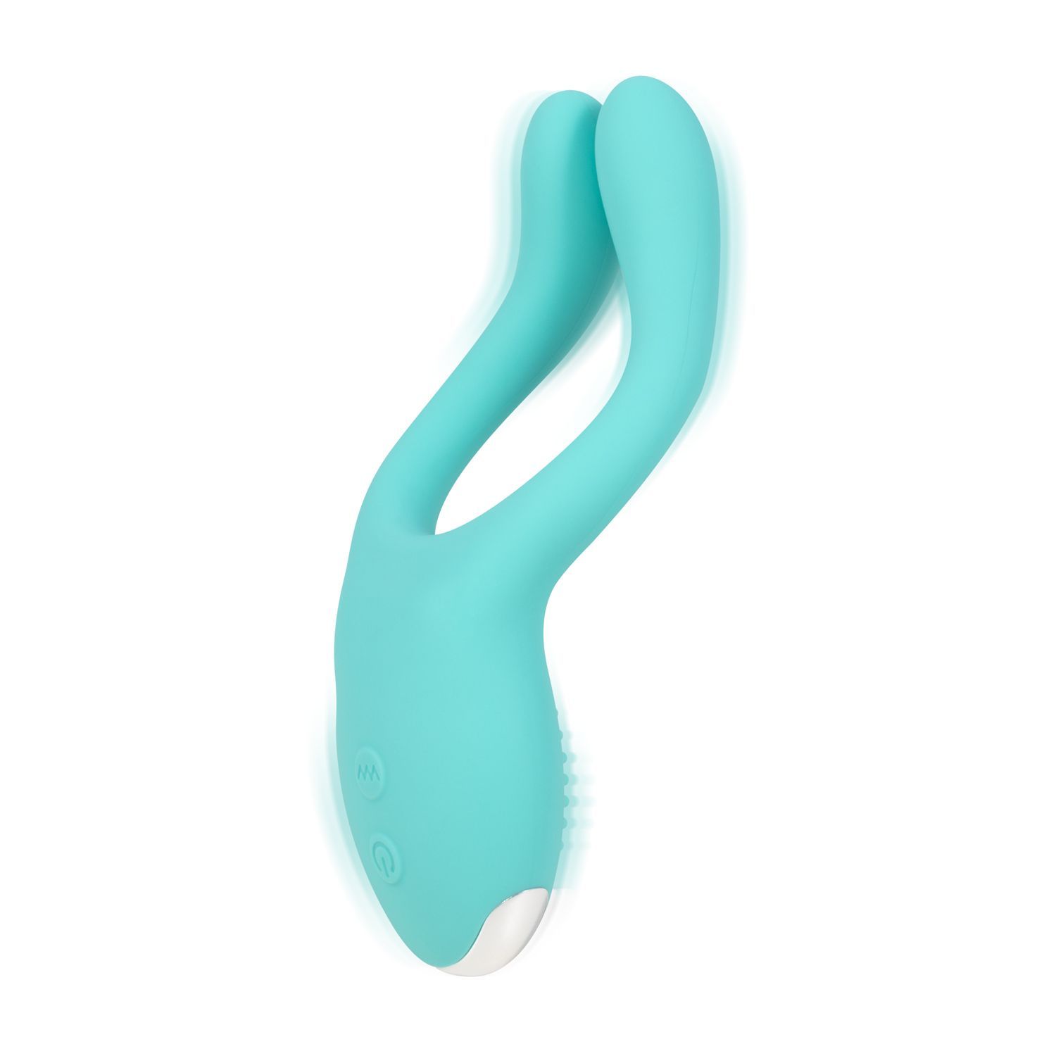 Vibratore doppio turchese con due bracci vibranti e due pulsanti. Base bianca.