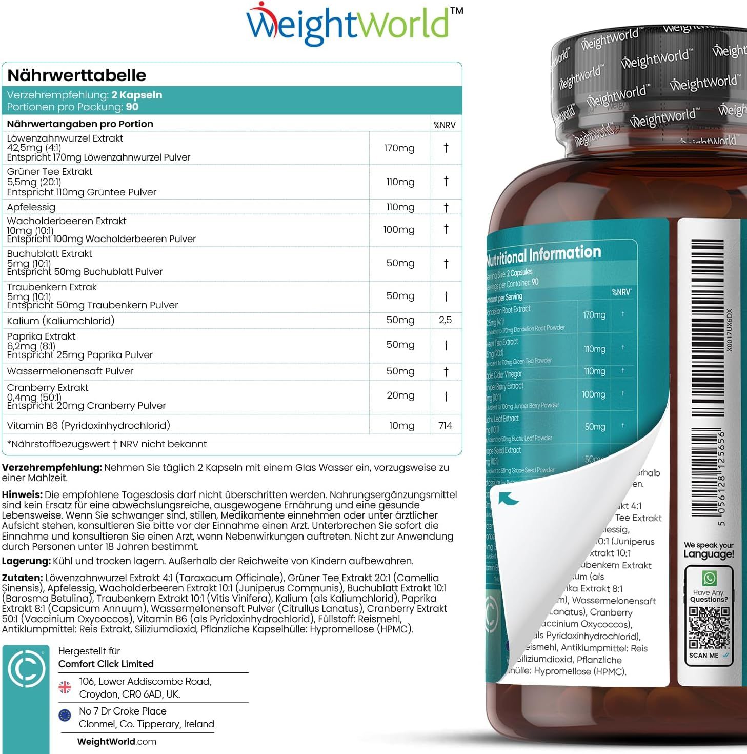 Flacone marrone con capsule Water Away. Tabella nutrizionale. Comfort Click Limited. www.weightworld.com.