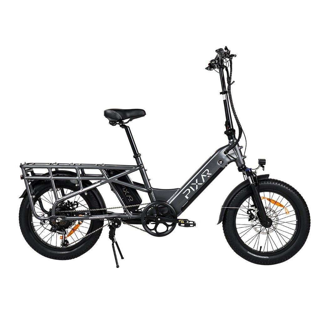 E-bike PIXAR Plus7 grigio, con portapacchi, pneumatici larghi e parafanghi. Visibile: batteria, motore, illuminazione.