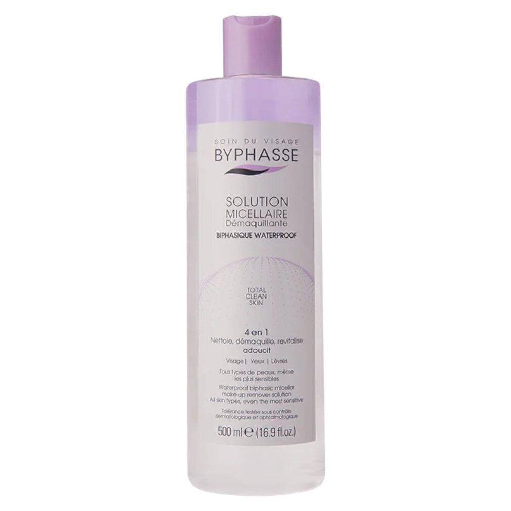 Flacone con tappo viola. Scritta: BYPHASSE, SOLUTION MICELLAIRE DEMAQUILLANTE BIFASIQUE WATERPROOF. 4 en 1.