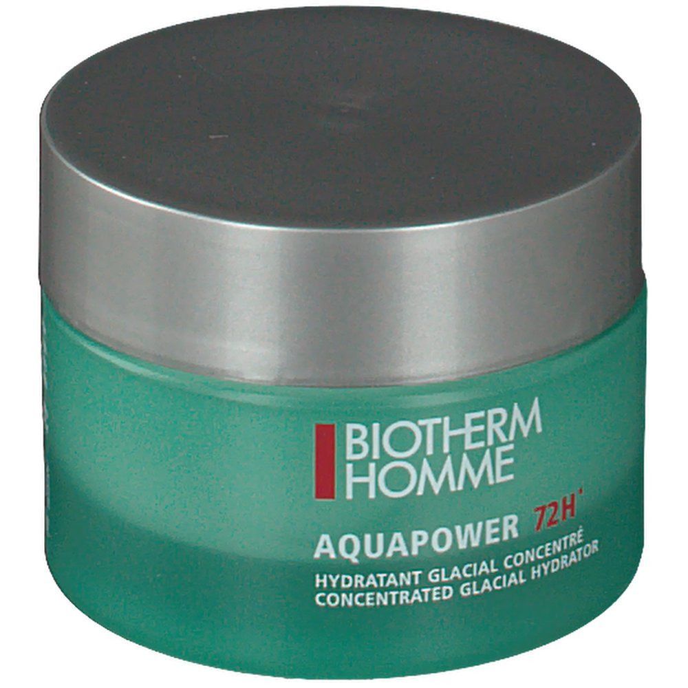 Vasetto verde con coperchio argentato. BIOTHERM HOMME AQUAPOWER 72H. Idratante glaciale concentrato.