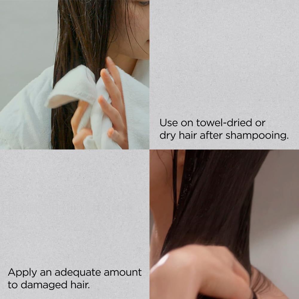 Istruzioni per l'uso di AYUNCHE Enrich Bonding Care Oil: capelli tamponati e applicazione.