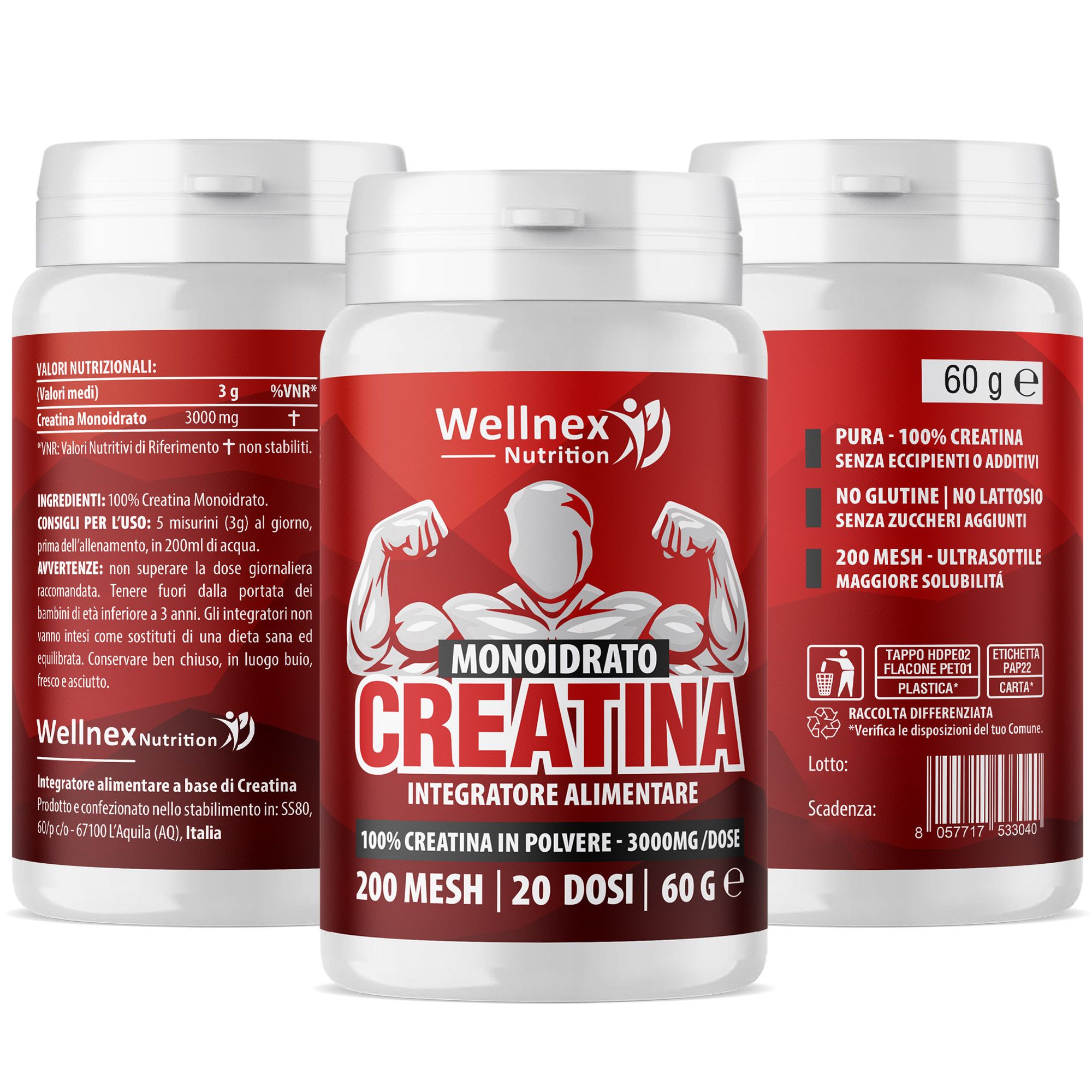 Wellnex Nutrition - Creatina Monoidrato Micronizzata | Pura in Polvere | 200 Mesh