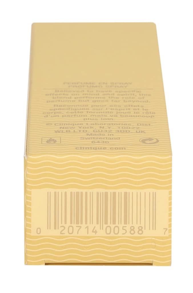 Scatola gialla con testo e codice a barre. Scritta: Clinique.com.