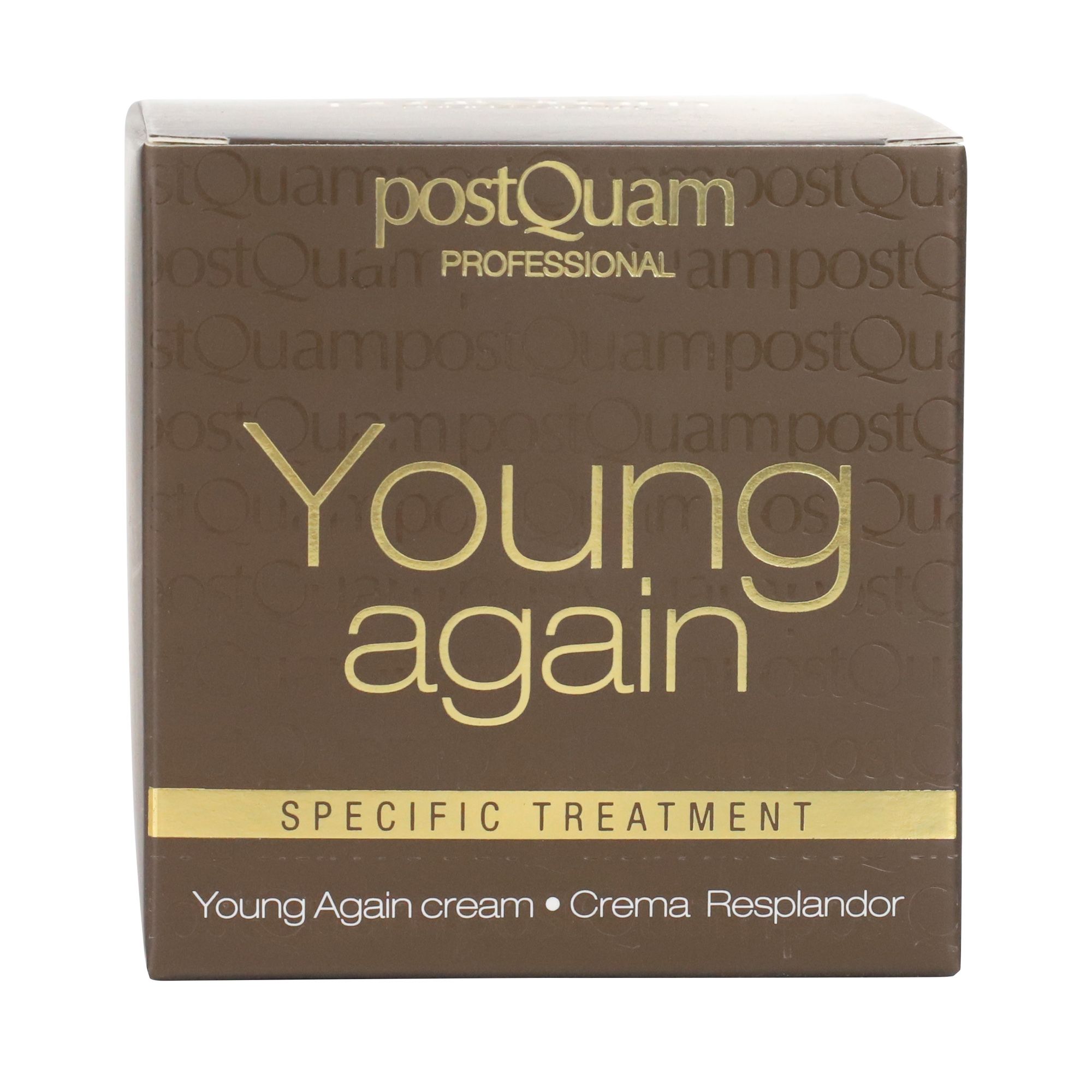 Confezione marrone con scritta dorata: Young again, Specific Treatment. Marchio: Postquam.