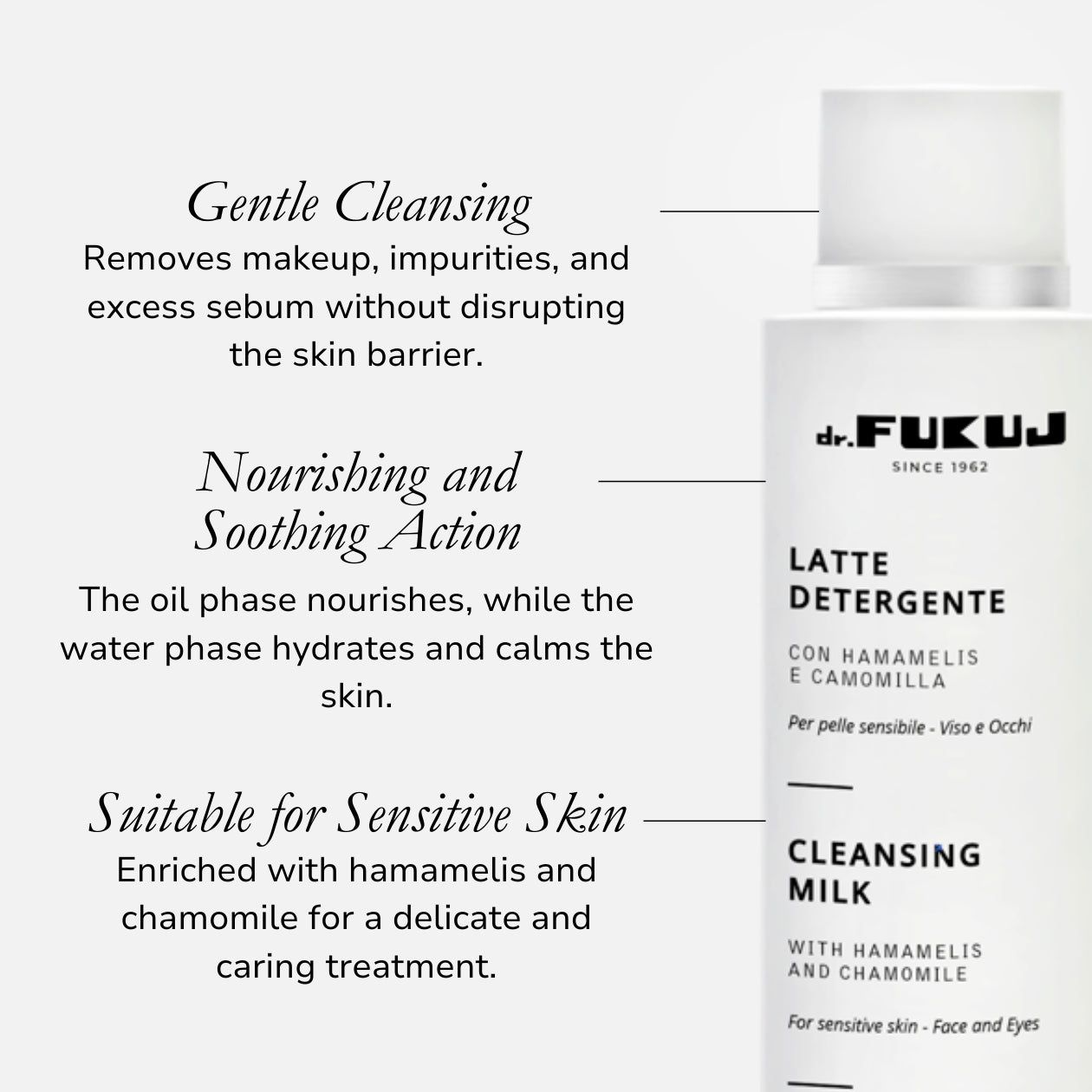Primo piano della bottiglia. Testo: Dr. Fukuj, Latte Detergente, Cleansing Milk, con Hamamelis e Camomilla. Adatto alle pelli sensibili. Pulizia delicata.