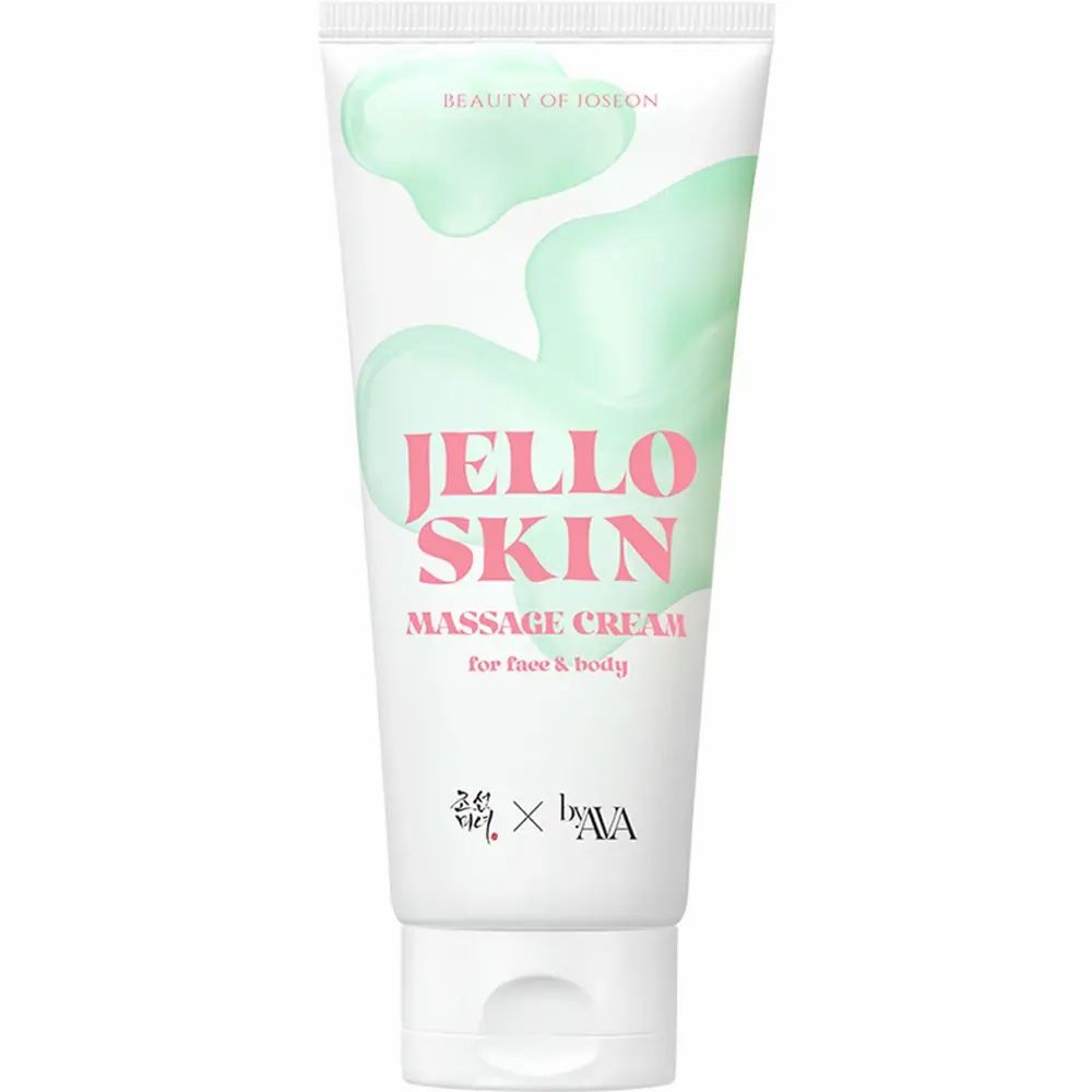 Tubo bianco "Jello Skin Massage Cream". Testo: Massage Cream for face & body. Marchio: BEAUTY OF JOSEON.